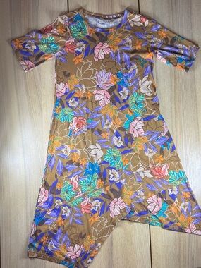 LOGO Lori Goldstein Floral Sharkbite Hem Dress Brown Multi Petite XXSP